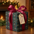 Elegant Christmas gift wrap with vintage botanical pattern and red bow, by Wrapped Studios.