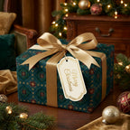 Luxury teal Christmas wrapping paper with a gold satin ribbon bow by Wrapped Studios.