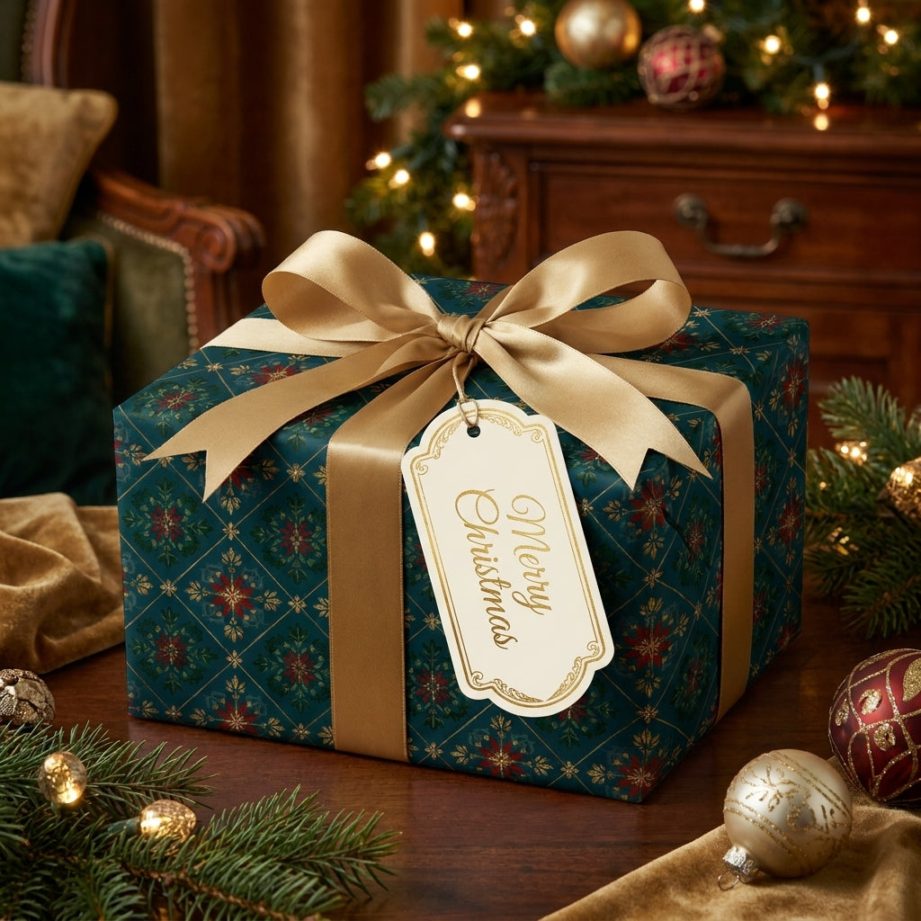 Luxury teal Christmas wrapping paper with a gold satin ribbon bow by Wrapped Studios.