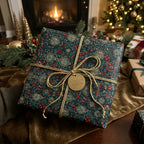 Luxury Christmas gift wrap by Wrapped Studios with botanical holly design and gold bow in a cozy holiday setting.