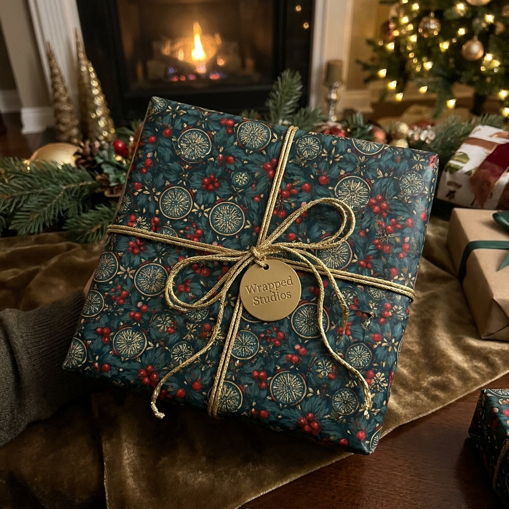 Luxury Christmas gift wrap by Wrapped Studios with botanical holly design and gold bow in a cozy holiday setting.