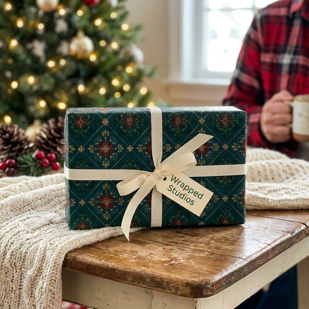 Vintage green floral Christmas wrapping paper by Wrapped Studios on a holiday gift box.