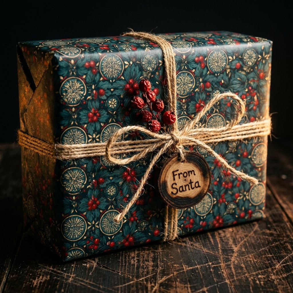Vintage Christmas wrapping paper with berry pattern, twine bow, and wooden From Santa tag by Wrapped Studios.