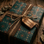 Vintage Christmas wrapping paper in teal and gold with a rustic burlap bow, by Wrapped Studios.