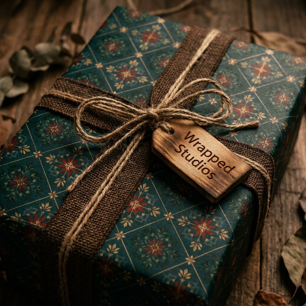 Vintage Christmas wrapping paper in teal and gold with a rustic burlap bow, by Wrapped Studios.