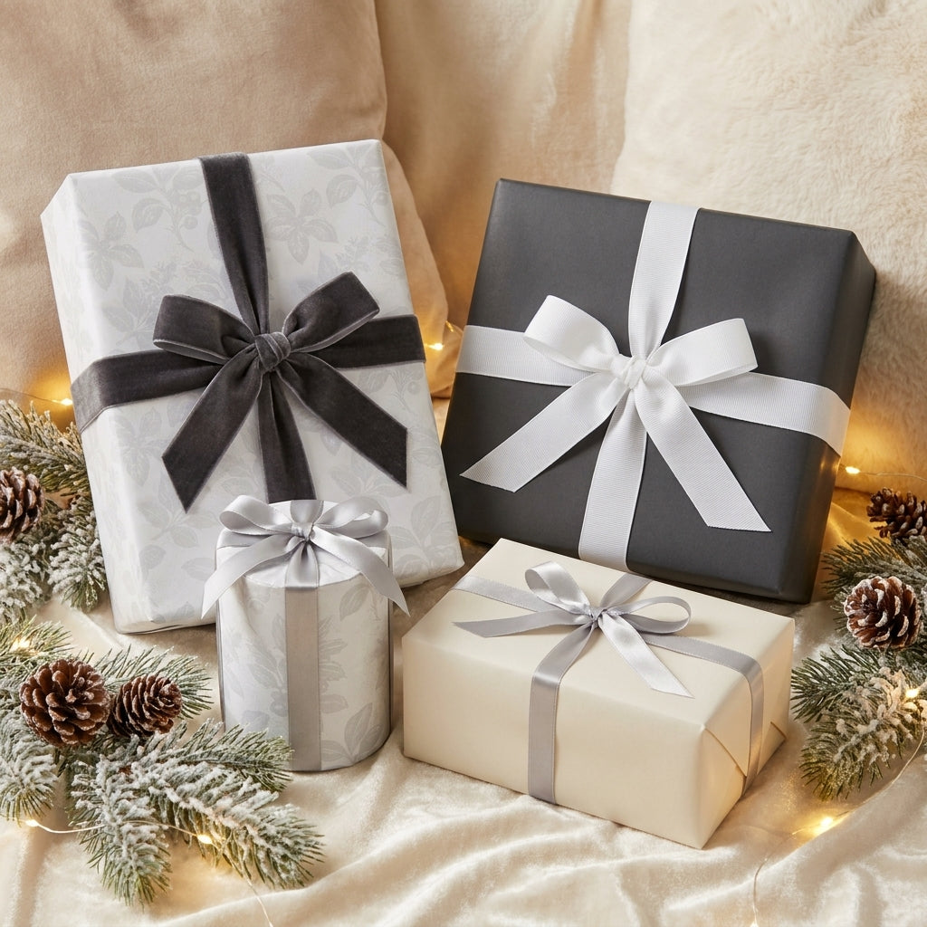 Luxury Christmas wrapping paper in elegant grey floral and cream with velvet ribbons by Wrapped Studios.