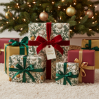 Elegant Christmas wrapping paper with a festive botanical and gold ornament pattern, tied with a luxurious red velvet bow, under a twinkling tree.