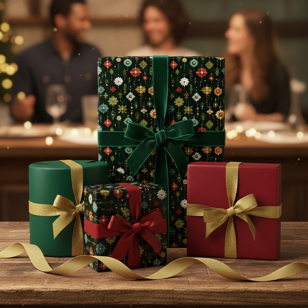 Elegant Christmas gift wrap with floral patterns in green, red, and gold ribbons for holiday gifting.