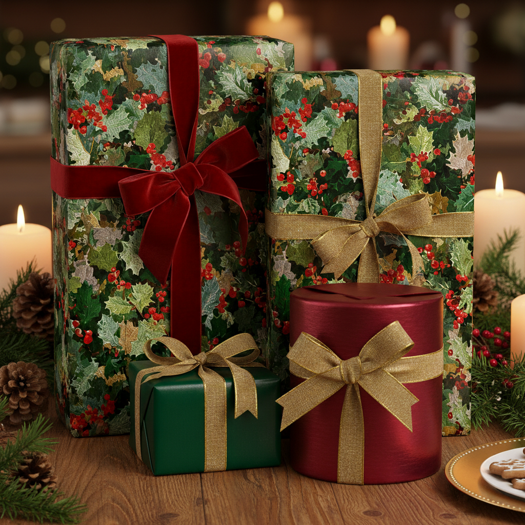 Festive Christmas gift wrap featuring a holly berry pattern with red velvet and gold ribbon.