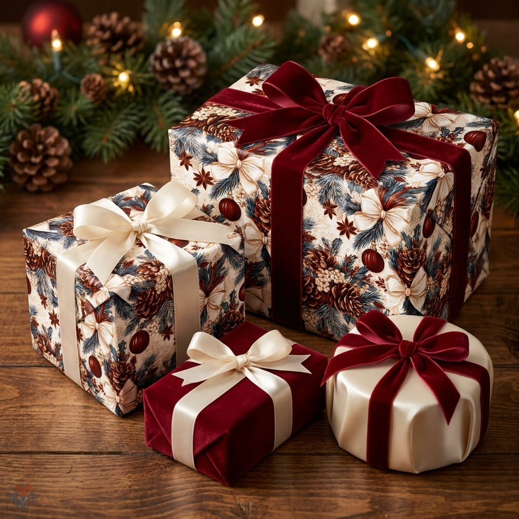 Luxury Christmas gift wrap with pinecone patterns and velvet bows by Wrapped Studios on a festive holiday table.