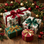 Luxury vintage Christmas wrapping paper from Wrapped Studios on holiday gift boxes with elegant velvet ribbons.