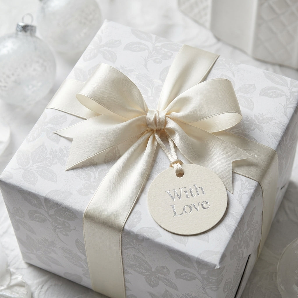 Luxury white floral wrapping paper with cream satin bow and 'With Love' tag by Wrapped Studios.