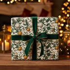 Elegant Christmas wrapping paper with vintage green botanical and gold ornament pattern, tied with a luxurious dark green velvet ribbon on a wooden table.