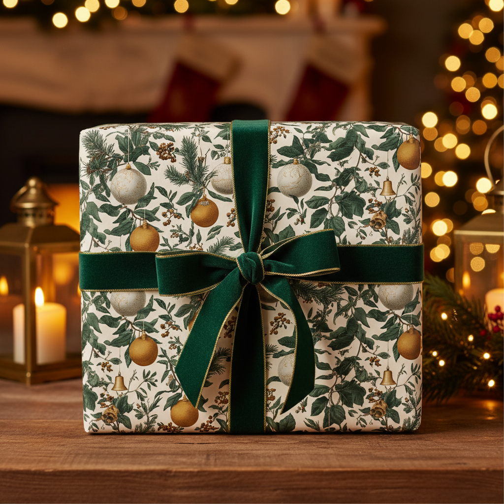 Elegant Christmas wrapping paper with vintage green botanical and gold ornament pattern, tied with a luxurious dark green velvet ribbon on a wooden table.