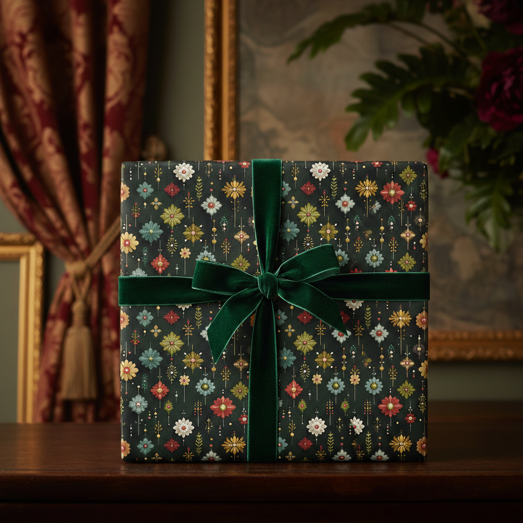 Elegant gift wrapped in dark floral wrapping paper, accented with a rich green velvet ribbon.