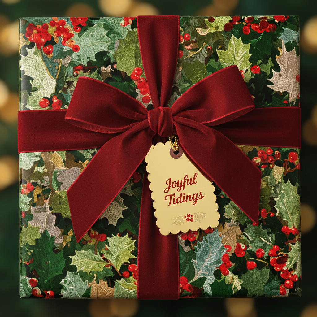 Square gift wrapped in holly berry Christmas wrapping paper with a red velvet ribbon and "Joyful Tidings" tag.