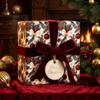 Luxury Christmas gift wrap with vintage festive pattern and burgundy velvet ribbon by Wrapped Studios.