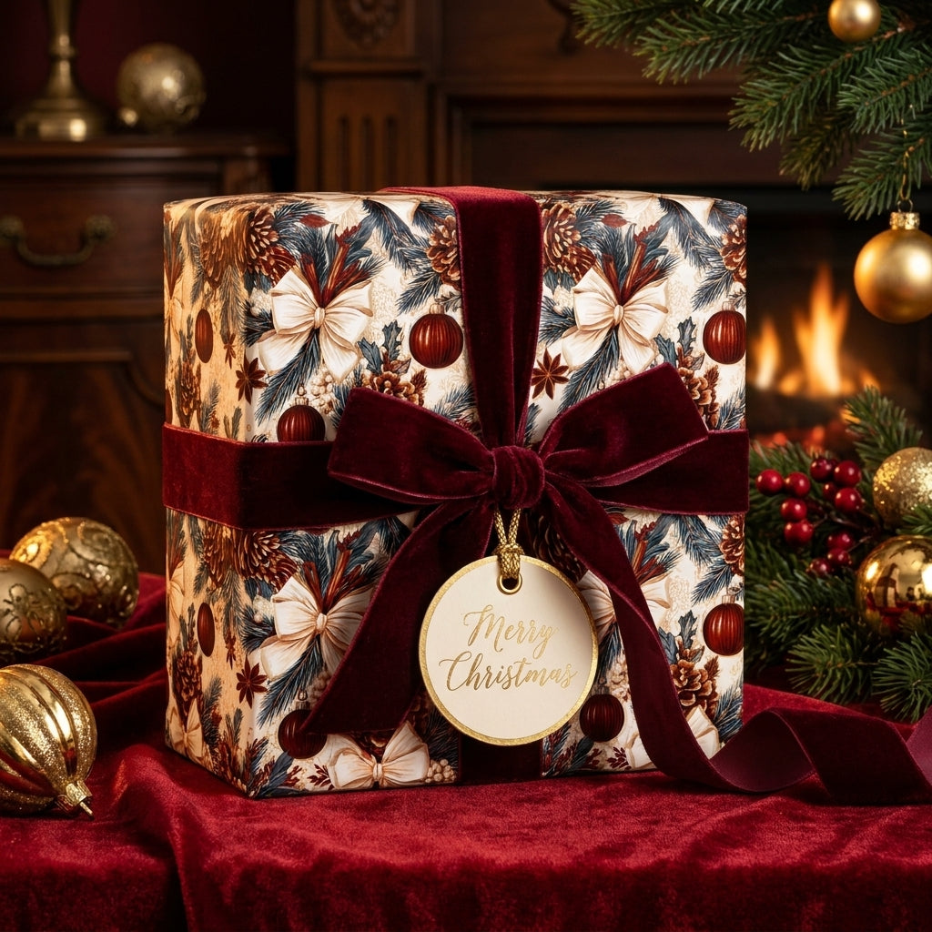 Luxury Christmas gift wrap with vintage festive pattern and burgundy velvet ribbon by Wrapped Studios.