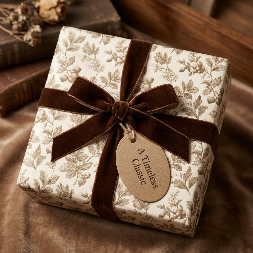 Vintage botanical wrapping paper with a luxury brown velvet ribbon on a gift box by Wrapped Studios.