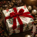 Vintage Christmas gift wrap with a luxury red velvet ribbon on a holiday gift box by Wrapped Studios.