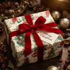 Vintage Christmas gift wrap with a luxury red velvet ribbon on a holiday gift box by Wrapped Studios.