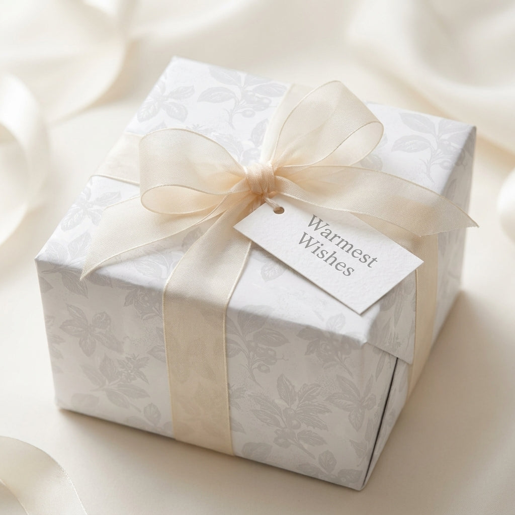 Elegant white floral wrapping paper with a cream ribbon and gift tag by Wrapped Studios.
