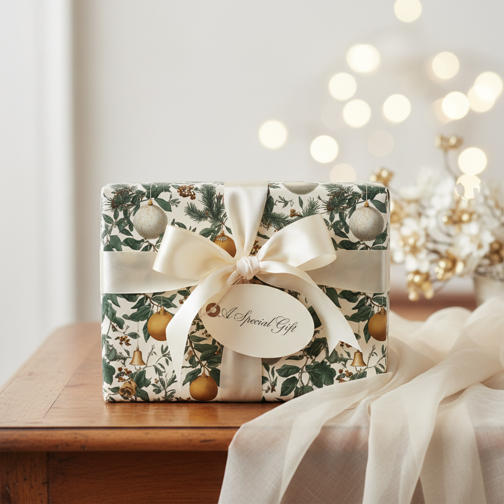Elegant Christmas gift wrapped in vintage-style botanical paper with gold ornaments, a cream ribbon, and a "Special Gift" tag.