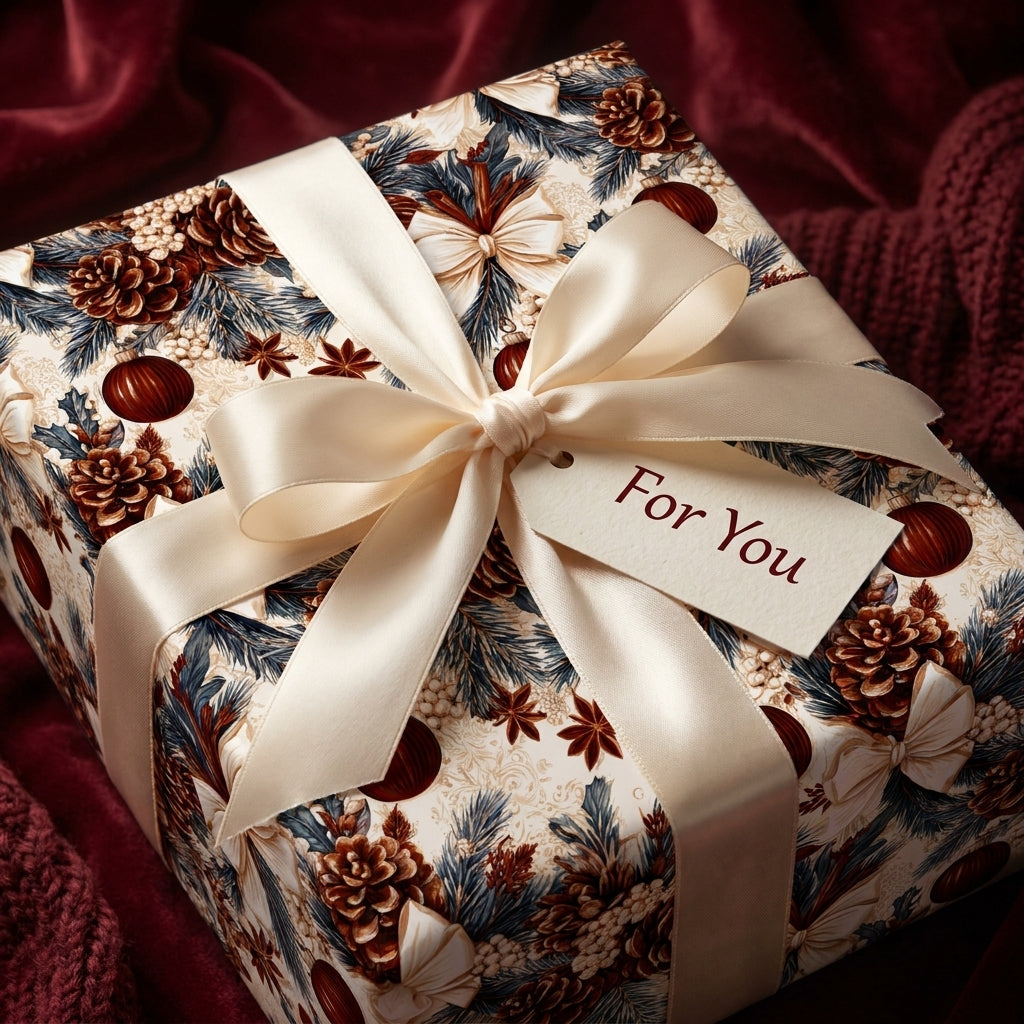 Vintage Christmas wrapping paper with pinecone pattern and cream satin bow by Wrapped Studios.