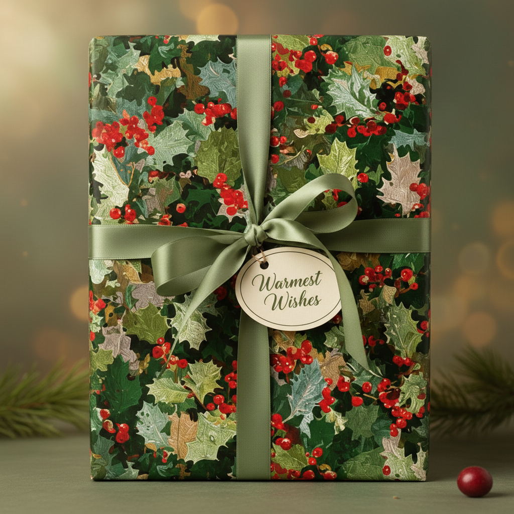 Christmas gift wrapped in elegant holly floral wrapping paper with a green ribbon and a "Warmest Wishes" tag.
