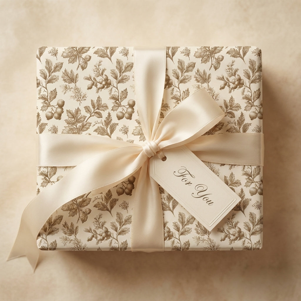 Vintage botanical wrapping paper on luxury gift box with cream satin bow and tag by Wrapped Studios.