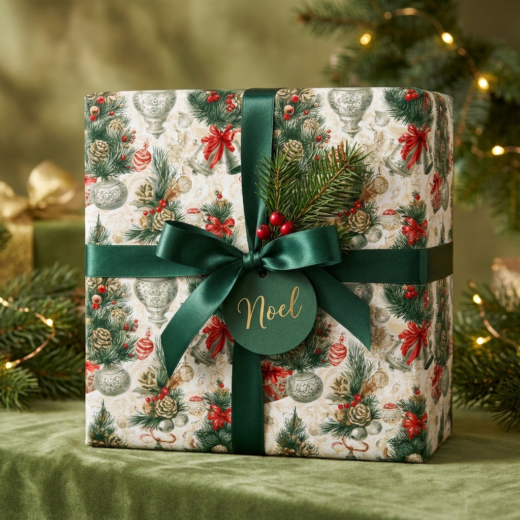 Luxury vintage Christmas wrapping paper by Wrapped Studios with a green satin ribbon and Noel tag.