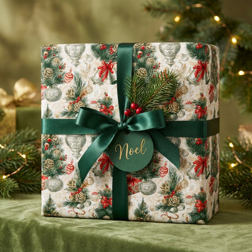 Luxury vintage Christmas wrapping paper by Wrapped Studios with a green satin ribbon and Noel tag.