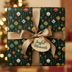 Elegant floral wrapping paper in dark green with gold ribbon, perfect for Christmas or special occasions.