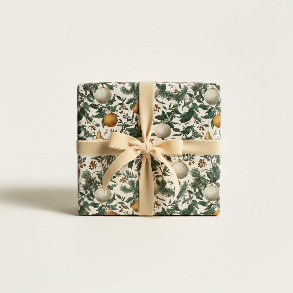 Elegant Christmas gift wrap in a vintage botanical pattern with ornaments, berries, pine, and a champagne velvet ribbon.