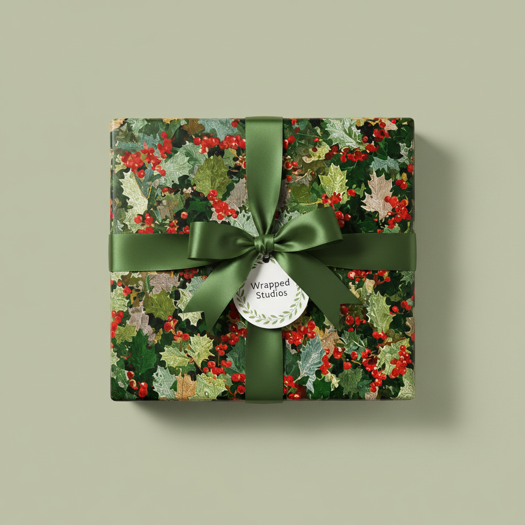 Elegant Christmas gift wrapped in floral holly berry paper with green ribbon and tag.
