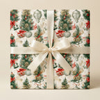 Luxury Christmas wrapping paper with vintage tree pattern and cream satin ribbon by Wrapped Studios.
