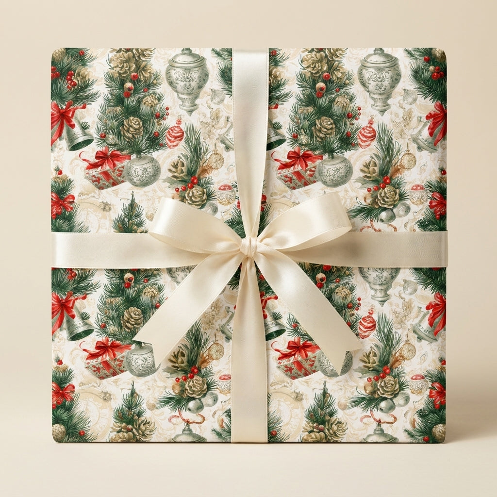 Luxury Christmas wrapping paper with vintage tree pattern and cream satin ribbon by Wrapped Studios.