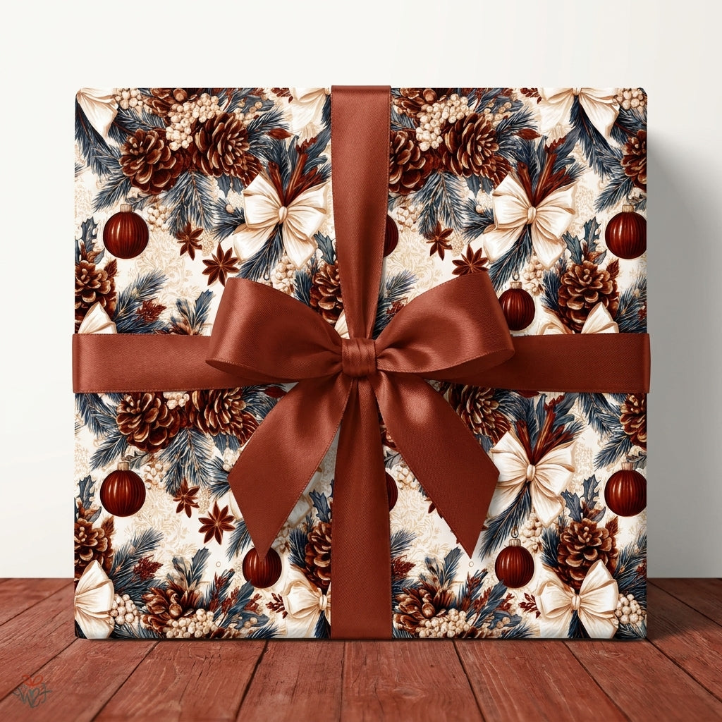 Rustic Christmas wrapping paper with vintage pinecone print and brown satin ribbon by Wrapped Studios.