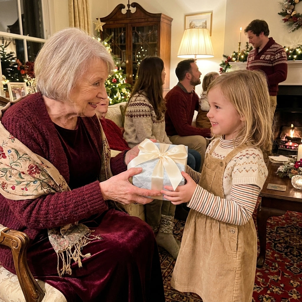 Grandmother giving child a gift in luxury floral Christmas wrapping paper by Wrapped Studios.