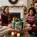 Elegant botanical Christmas gift wrap with a green ribbon being exchanged at a festive family dinner.