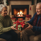 Couple exchanging Christmas gifts wrapped in floral wrapping paper with a red ribbon bow.