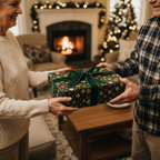 Couple exchanging a gift wrapped in luxury floral wrapping paper with green velvet ribbon at Christmas.