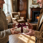 Couple exchanging a gift in vintage botanical wrapping paper with a burgundy ribbon by Wrapped Studios.
