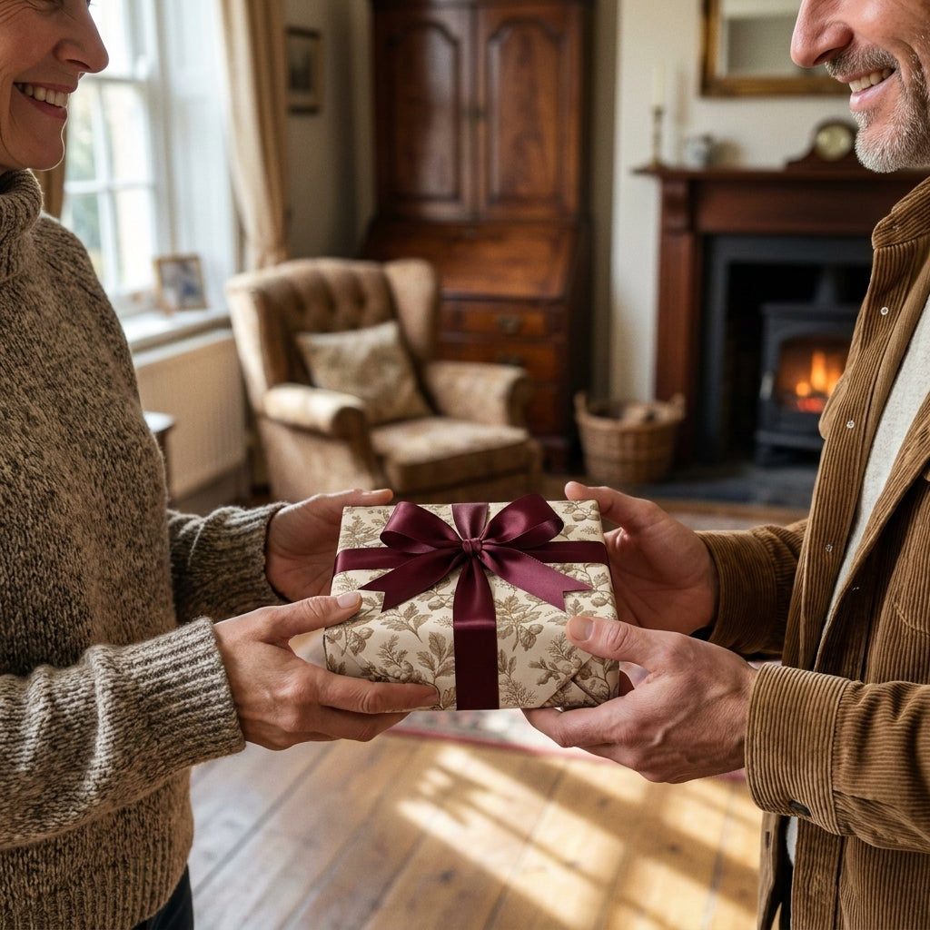 Couple exchanging a gift in vintage botanical wrapping paper with a burgundy ribbon by Wrapped Studios.