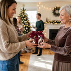 Woman gifting a present in elegant Christmas wrapping paper with a burgundy satin bow. Wrapped Studios.