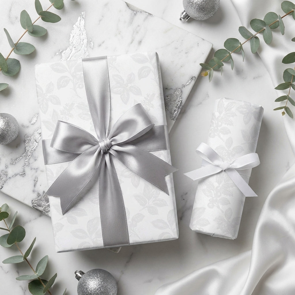 Luxury white and silver floral wrapping paper with satin bows on marble, by Wrapped Studios.