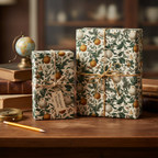Vintage Christmas wrapping paper with botanical orange and silver ornament pattern, tied with twine, on a rustic desk.