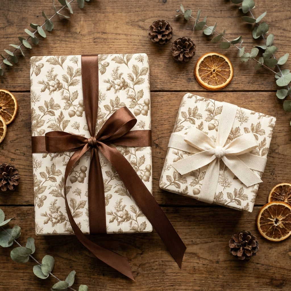 Rustic Christmas wrapping paper with vintage botanical print and ribbons by Wrapped Studios.
