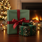 Elegant Christmas gifts wrapped in green and floral paper with satin ribbon, cozy fireplace in background.