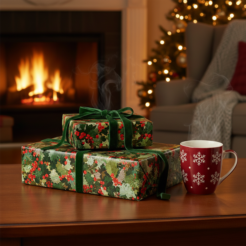 Christmas gifts wrapped in festive holly berry paper with velvet ribbons, near fireplace.